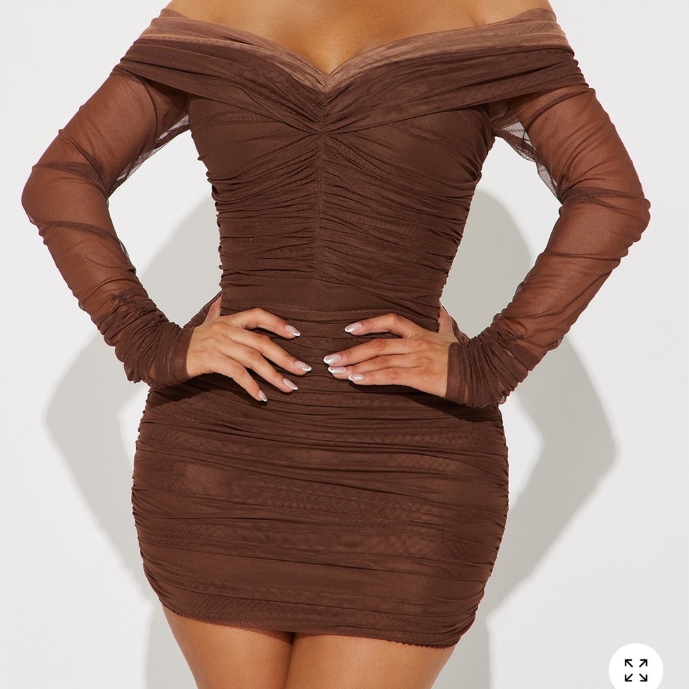 Brown Ruched Long-Sleeve Bodycon Dress